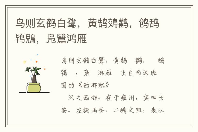 鳥則玄鶴白鷺，黃鵠鵁鸛，鸧鴰鴇鶂，鳧鷖鴻雁