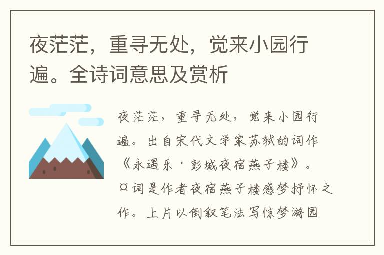 夜茫茫，重尋無處，覺來小園行遍。全詩詞意思及賞析