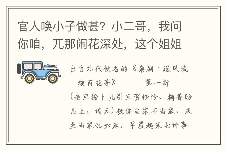 官人喚小子做甚？小二哥，我問你咱，兀那鬧花深處，這個姐姐是誰家的？那一個你也不認的？好風流的王舍
