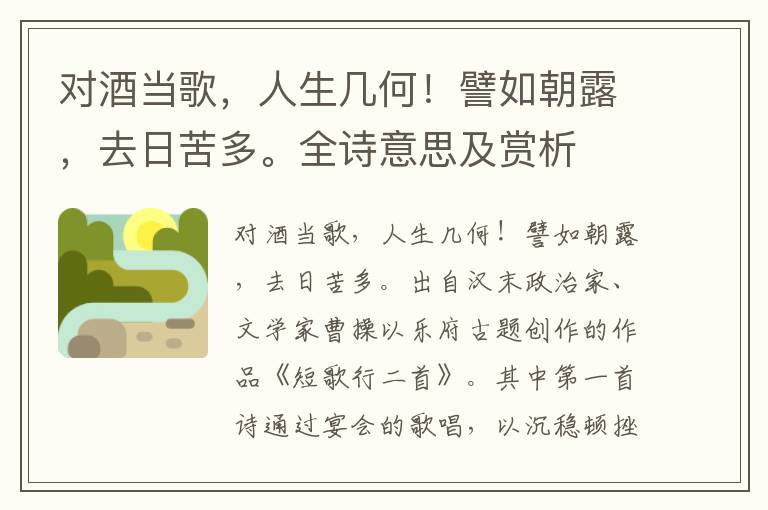 對酒當歌，人生幾何！譬如朝露，去日苦多。全詩意思及賞析
