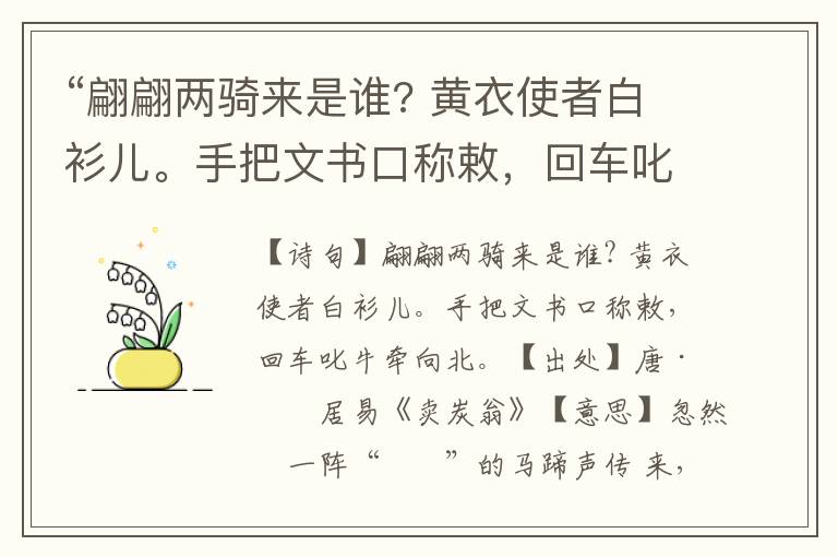“翩翩兩騎來是誰? 黃衣使者白衫兒。手把文書口稱敕，回車叱牛牽向北。”全詩意思,原文翻譯,賞析