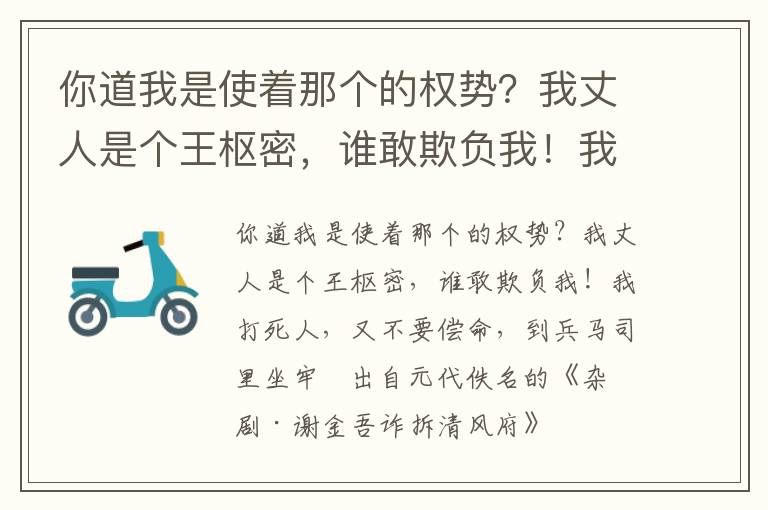 你道我是使著那個的權勢？我丈人是個王樞密，誰敢欺負我！我打死人，又不要償命，到兵馬司里坐牢