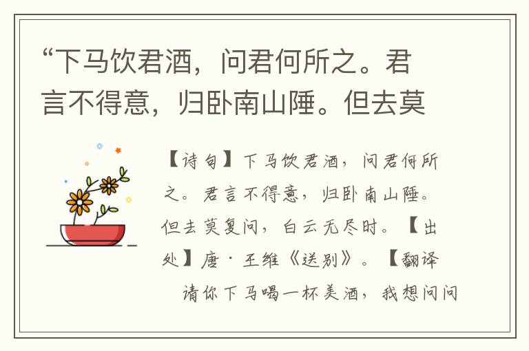 “下馬飲君酒，問君何所之。君言不得意，歸臥南山陲。但去莫復(fù)問，白云無盡時(shí)?！比娨馑?原文翻譯,賞析