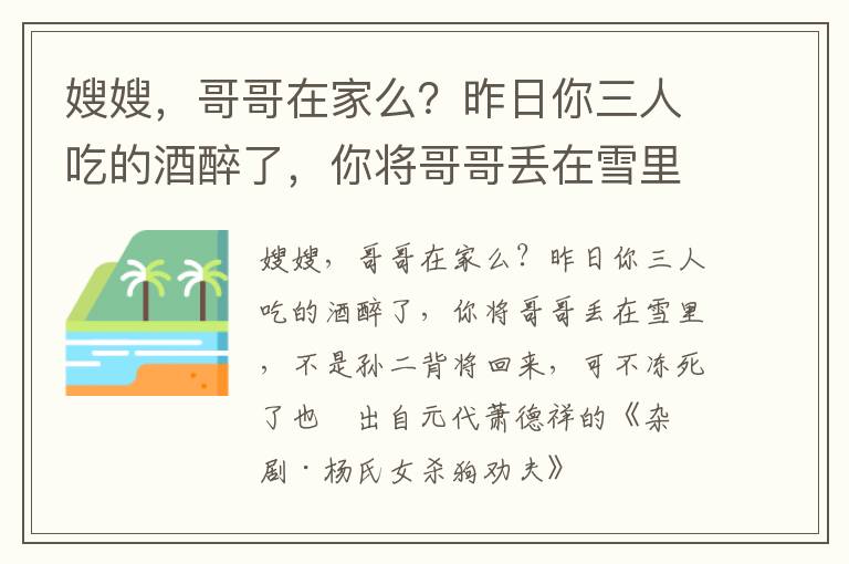 嫂嫂，哥哥在家么？昨日你三人吃的酒醉了，你將哥哥丟在雪里，不是孫二背將回來(lái)，可不凍死了也