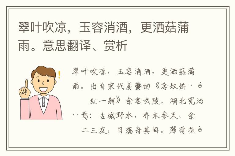 翠葉吹涼，玉容消酒，更灑菇蒲雨。意思翻譯、賞析