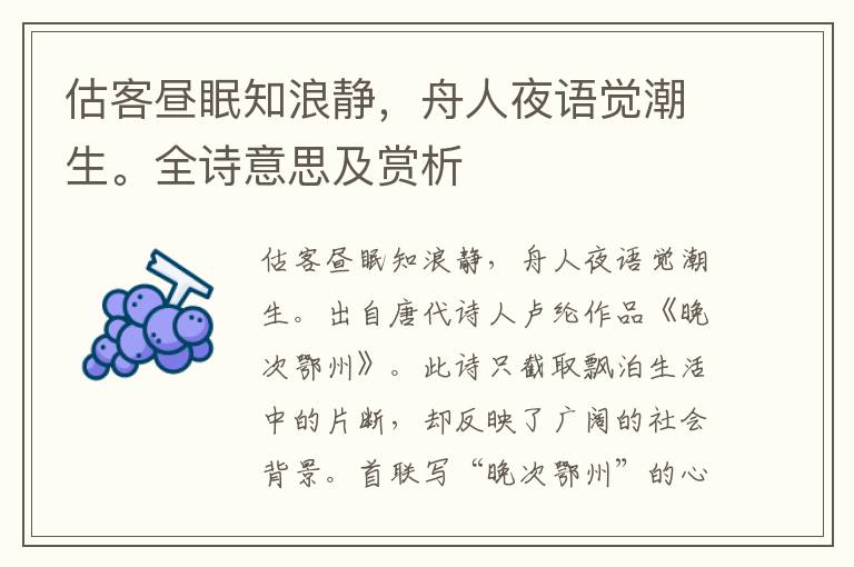 估客晝眠知浪靜，舟人夜語覺潮生。全詩意思及賞析