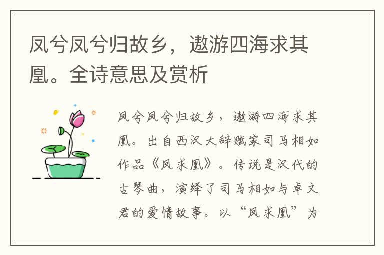 鳳兮鳳兮歸故鄉(xiāng)，遨游四海求其凰。全詩意思及賞析