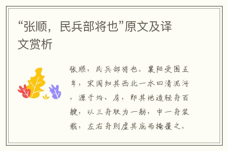 “張順，民兵部將也”原文及譯文賞析