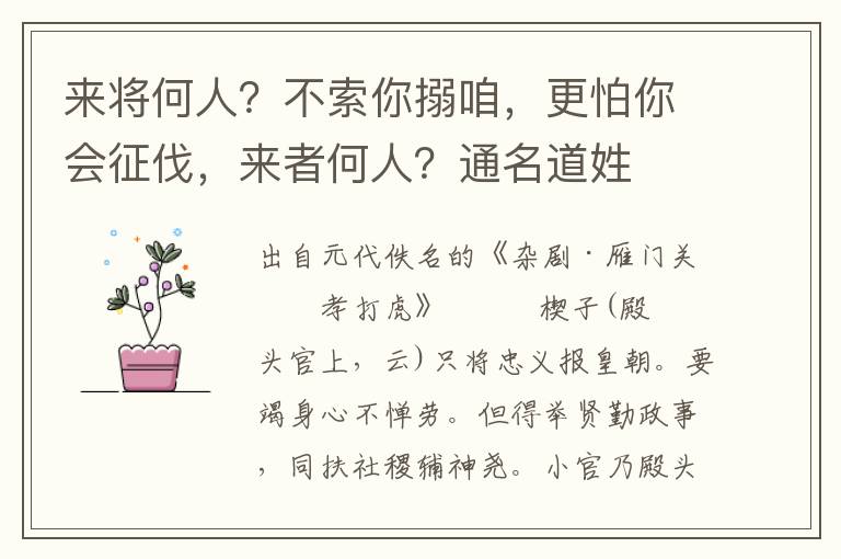 來將何人？不索你搦咱，更怕你會征伐，來者何人？通名道姓